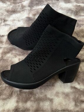 bernie mev. Black Knit Peep-Toe Block Heel Bootie